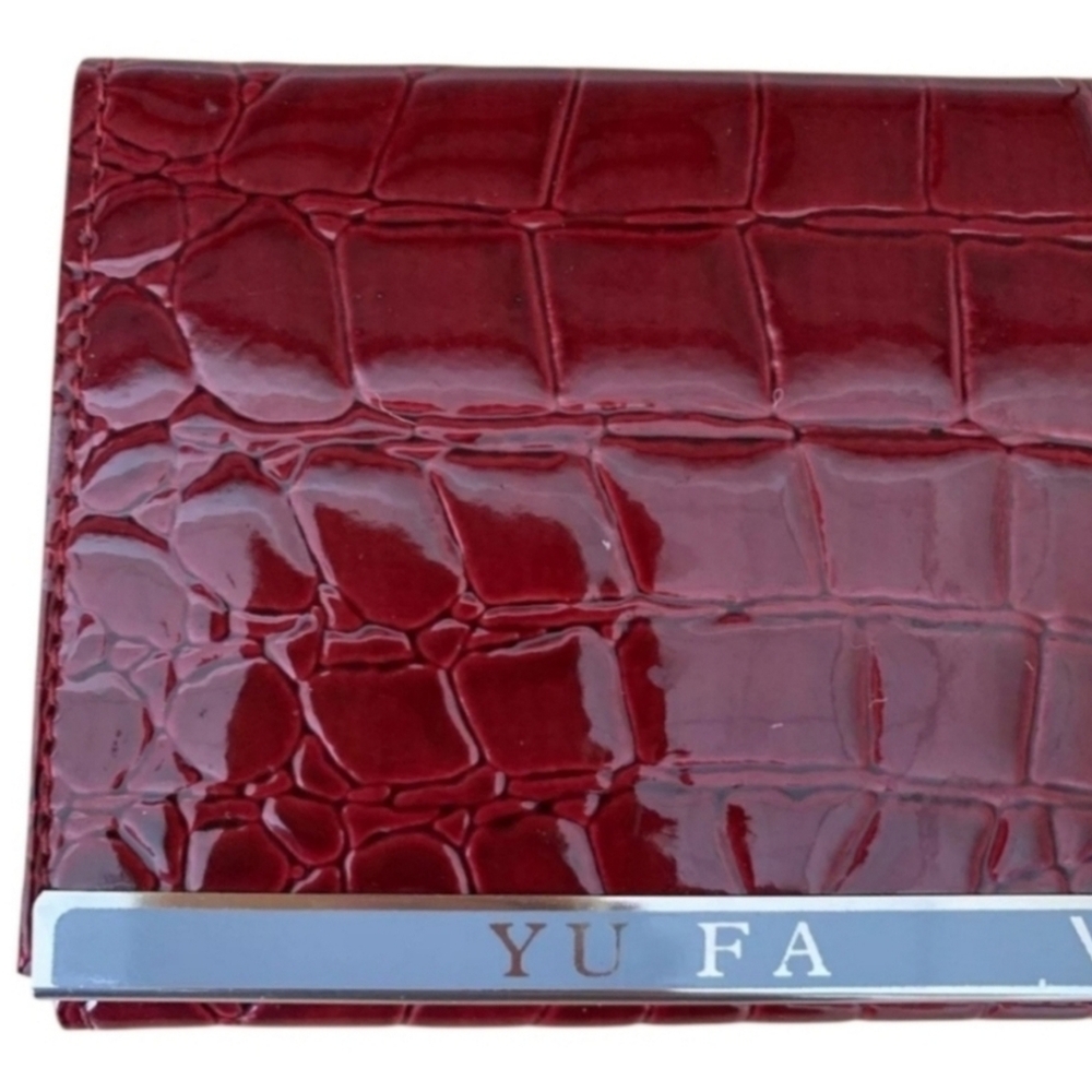 NWT. Yu Fa YF Burgundy Faux Patent Leather Croc Embossed Slim Closure Bifold